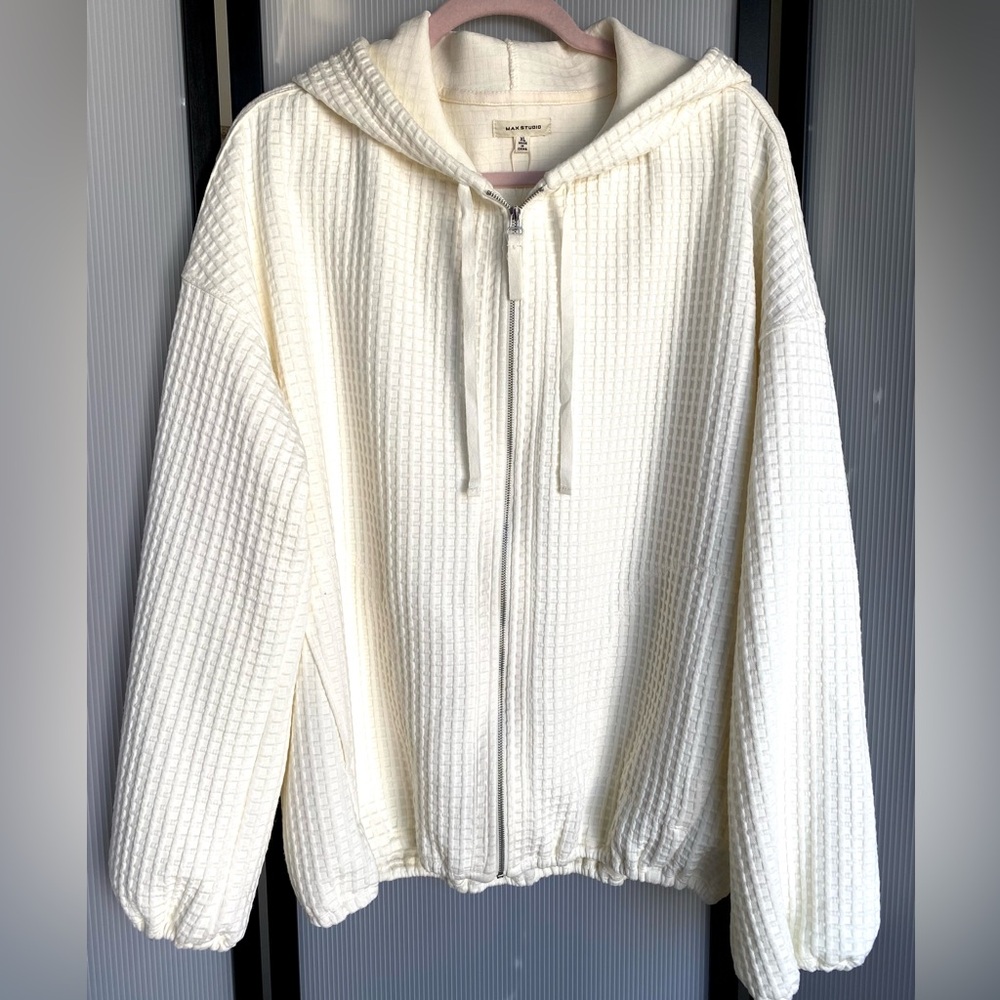 NWT Max Studio Cream Waffle Weave Full Zip Hoodie Oversized, XL Travel, Slouchy
